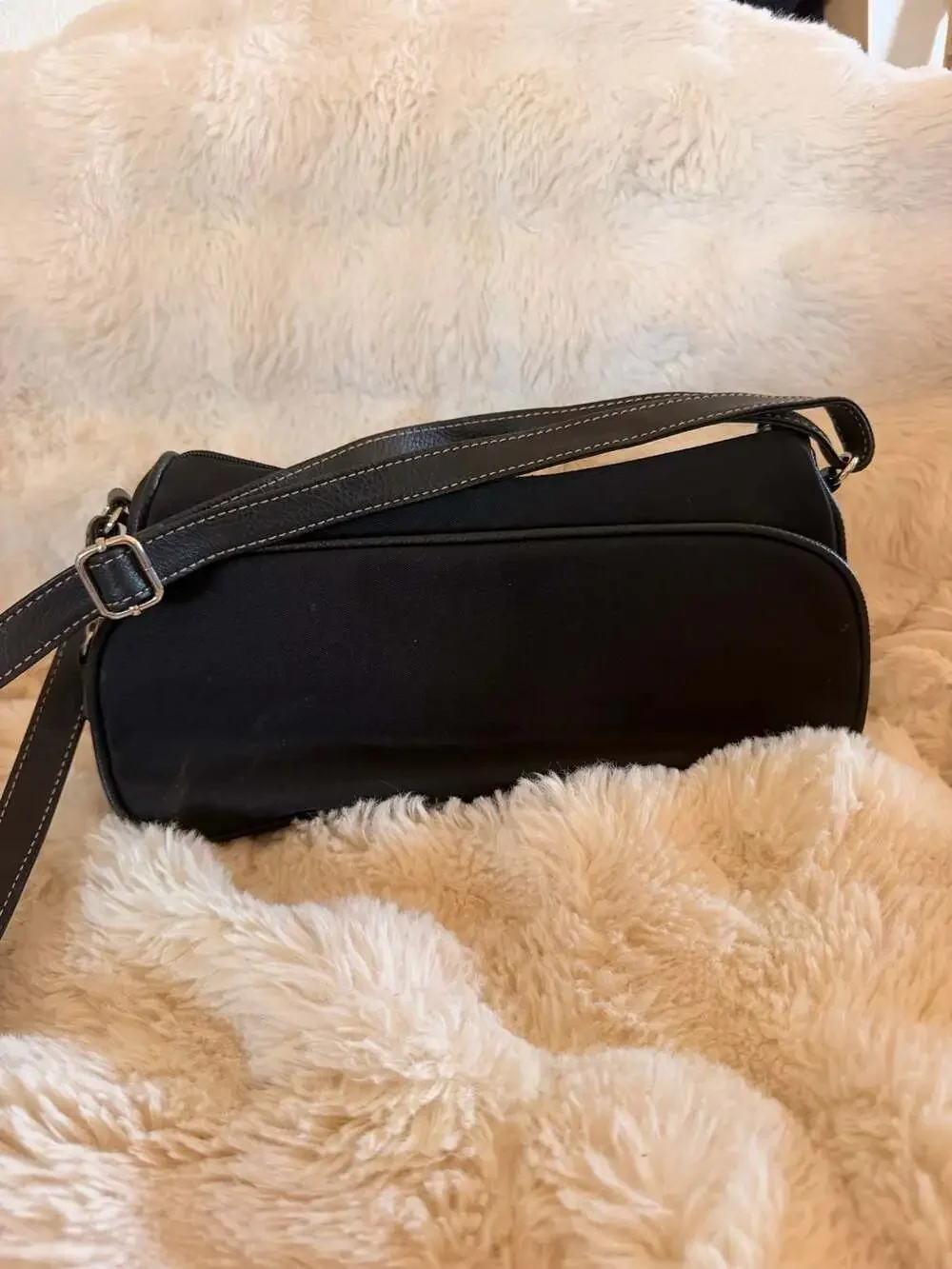 Black Canvas Crossbody Bag with Faux Leather Buckle Pockets